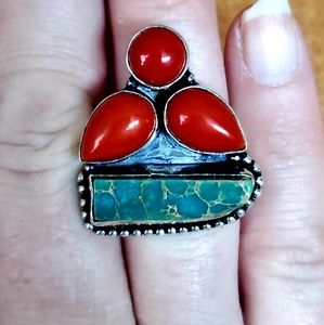 New Sea Sediment Jasper & Coral 925 Silver Ring.